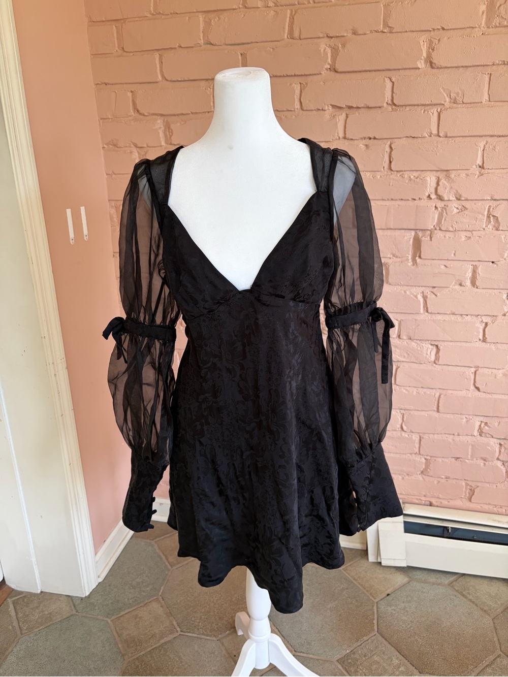 For Love and Lemons Black Sheer-Sleeve Mini Dress